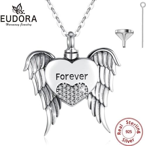 Eudora 925 Sterling Silver Cremation Urns Ashes Pendant angel wing heart Necklace Keepsake Locket for Ashes Prayer memorial G007