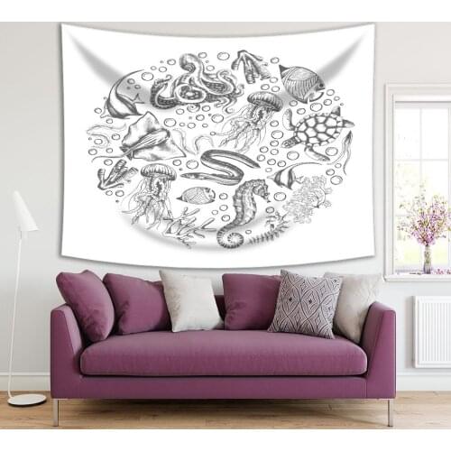 Tapestry Jellyfish Octopus Seahorse Stingray Fish Turtles Seaweed Sea Life Enclosed in A Circle Printed Black White