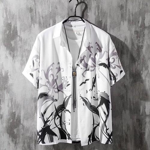 Harajuku Shirt Men Plus Size White Shirts Mens Casual Loose Long Sleeve Beach Wear Tops New Fashion Printed Button Shirt 30678