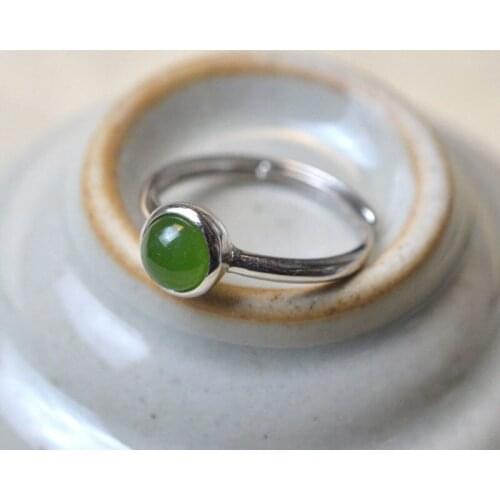 Natural Hetian Jade Ring Womens S925 Sterling Silver Emerald Open Retro Style Jade Ring Gift Ethnic Style