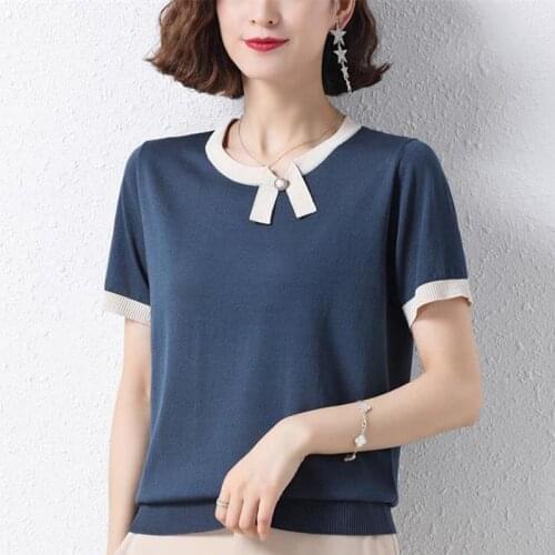 Summer New Round Neck Box Knit T-Shirt Women Plus Size 3XL Short Sleeve Knitwear Pullovers Casual Ice Silk Thin Patchwork Tops