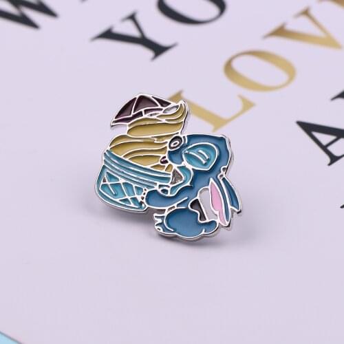 Cute Stitch Badge Brooch Fun Cartoon Stitch Eat Ice Cream Enamel Brooch Kawaii Clothing Backpack Pins Custom Button Badges
