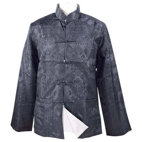 Black with Silver Reversible Chinese tradition Mens Kung Fu Silk Satin Long sleeves Jacket Shirt Coat YF1081