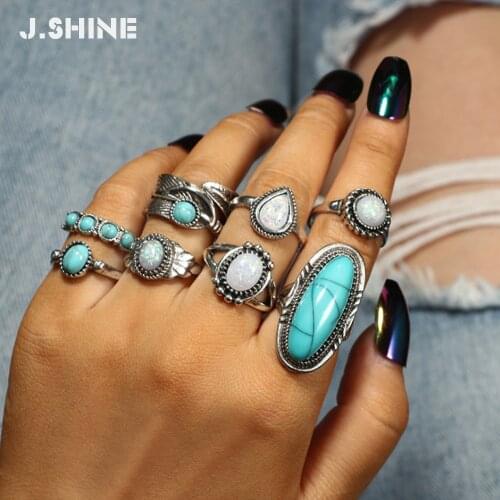 JShine 8Pcs/set Vintage Faux Stone Rings Set for Women Antique Retro Stackable Crystal Bohemian Midi Finger Jewelry Wholesale