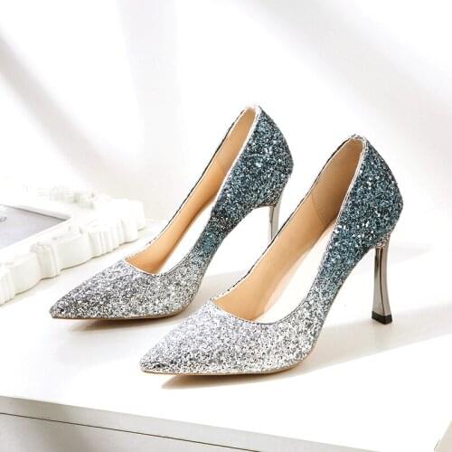 2020 New Fashion Womens High Heel Wedding Shoes Bridal Shoes Luxurious Sexy Sequins Advanced Thin Heels Womens Shoes W32-42