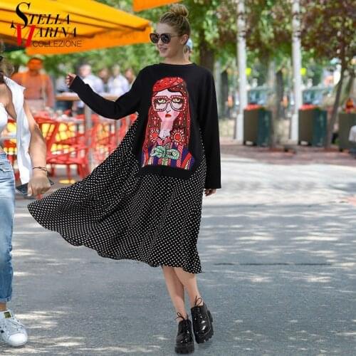 New Winter Fashion Woman Black Casual Cartoon Dress Beaded Polka Dots Print Long Sleeve Ladies Cute Midi Dress robe femme 3243