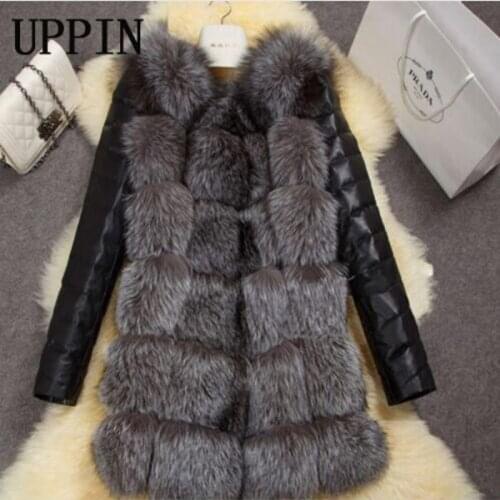 2018 New High Quality High Imitation Silver Fox Fur Coat PU Sleeves Warm Winter Coat Fox Coat Big Yards Overcoat