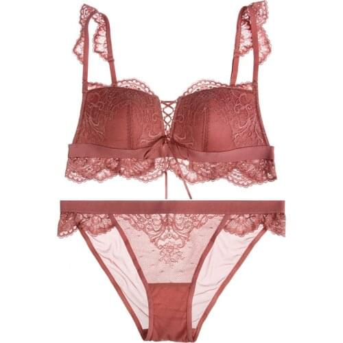 Sexy Retro Lace Bra Set Sweet Rimless Cotton Cup Wire Free Bra with Panties Underwear Ruffle Side Mesh Briefs