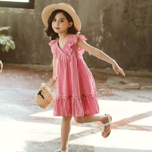 Dress For Girls Plaid Pattern Girls Summer Dresses V -Neck Kids Dress Sleelvess Clothes Girl 5 6 8 10 12