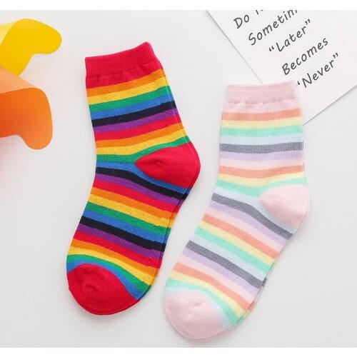 Rainbow Striped Socks Women Vintage Casual Cute Kawaii Chic Ins Japanese Fashion Cotton Soft Socks for Girls femme chaussettes