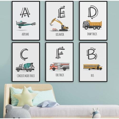 Aircraft Excavator Bus ABC Vehicle Letter Wall Art Canvas Painting Nordic Posters And Prints Wall Pictures Boy Kids Room Decor