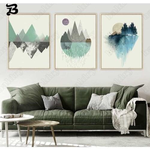 Modern Wall Art Posters Nordic Mountain Sun Forest Tree Landscape Canvas Painting Wall Pictures Print for Living Room Home Decor