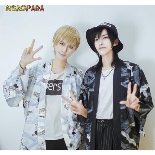 Cool Unisex Couples Crane Japanese Kimono Yukata Style Trench Lovers' Loose Outwear Open Stitch Color Black & White