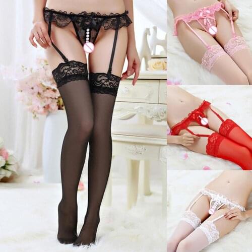 Women Faux Pearl Open Crotch Bow Lace Garter G-string Underwear with Stockings