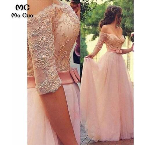 A-Line Evening Dresses Long Prom Gown with Appliques Pearls Half Sleeve Sweetheart Vestidos de fiesta Tulle Women Evening Dress