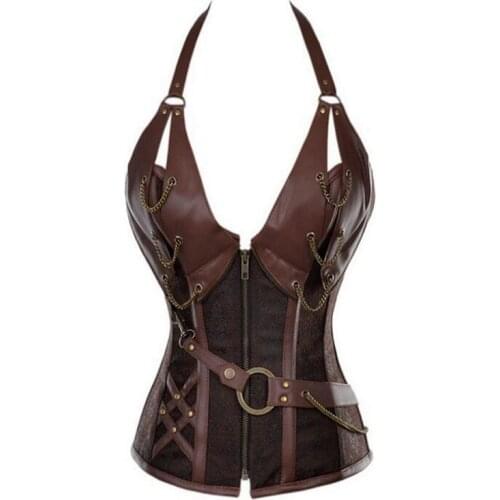 Adult Medieval Viking Pirate Costume Women Gothic Knight Corset Halloween Cosplay Steampunk Leathter Halter Vest Metal Cuirass