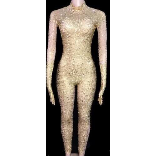 Full Gold Rhinestones Gloves Sexy Jumpsuit Mesh Transparent Birthday Stretch Shining Leggings Evening See Through Costumes
