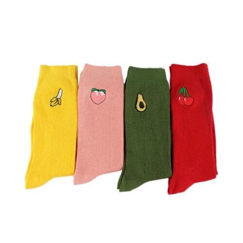 WomenS Winter Multicolor Warm High Socks Fruit Embroidery Casual Socks Cute Girl Long Stretch Knitted Cotton Blended Stockings
