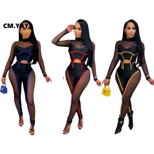 CM.YAYA Women Set Patchwork Mesh Full Sleeve Crop Tops Sheath Elastic Full Length Pants Two Piece Set Sexy Night Club Outfits
