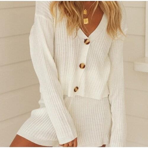 Autumn knitted 2 Pieces Shorts Sets Women V-neck Crop Tops And High Waist Shorts Female Set 2021 Fashion Outfits Summer Sets