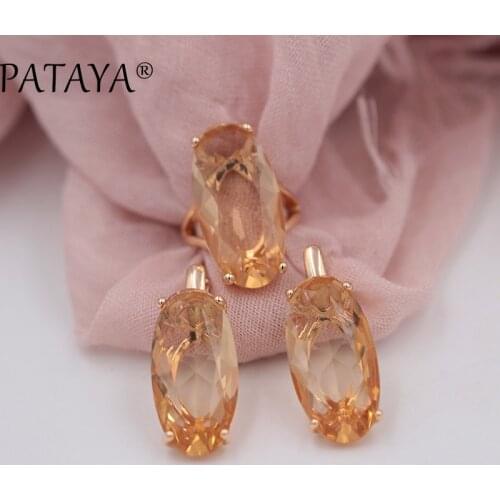 PATAYA New 585 Rose Gold Fine Jewelry Sets Oval Artificial Cubic Zircon Big Dangle Earrings Ring Sets Women Vintage Jewelry Set