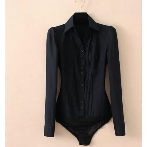 Plus Size Solid Color Turn-down Collar V Neck Bodysuit Women Shirts Front Pleated White Blouse Office Ladies Tops Black Blue 5XL