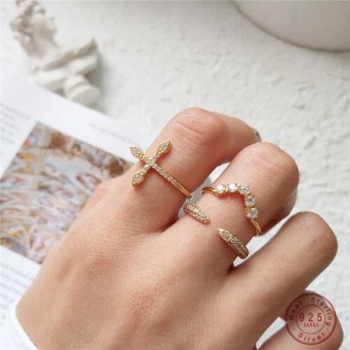 925 Sterling Silver French Pavé Crystal Geometric Open Ring For Women Simple Fashion Party Jewelry Girlfriend Gift