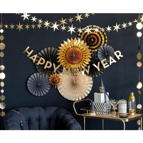 2020 Happy New Year Black Gold Paper Fans Paper Hat Glitter Garland Hanging Bunting Banner for New Year Party Decoration
