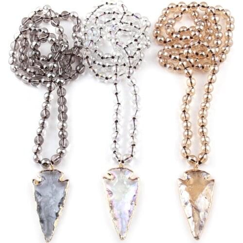 Free Shipping Fashion Bohemian Tribal Jewelry 8mm Glass Long Knotted Beads Glass Arrowhead Pendant Necklaces