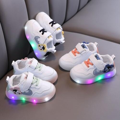 Disney Childrens Baby Toddler Shoes Boys Girls Spring Casual Shoes Cartoon Mickey Mouse LED Lighted Sneakers Kids Toddler Shoes