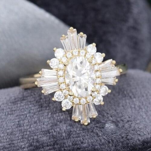 EDI Oval Cut Moissanites Engagement Ring Gothic 14k Yellow Gold Baguette Cut Natural Conflict-free Diamond Halo Wedding Ring