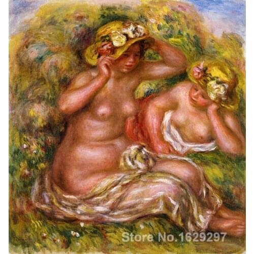 Paintings on canvas Two Women with Flowered Hat by Pierre Auguste Renoir Reproduction High Quality Hand-painted
