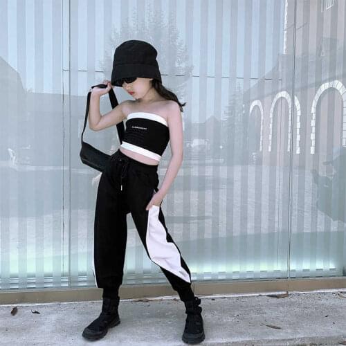 Cool Girls Suit 2021 Summer European 9 10 11 12 13 Years Girls Clothes black Tube Top Tops Pants Color Match Casual jogger pants