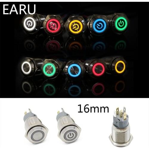 16mm Metal Push Button Switch Power Waterproof Flat Circular Button LED Light Self-lock Fixation Self-reset 1NO1NC 5V 6V 12V 24V