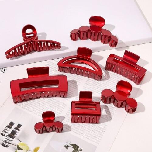 Fashion New Red Color Large Size Acrylic Hair Claw Clip Ins Big Hollowed Crab Geometric Clamps for Women Hair Accessories