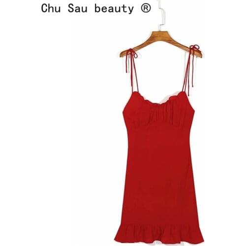 New Fashion Party Chic Red Chiffon Sling Mini Dress Women Summer Sexy Streetwear Style V-neck Ruffles Sleeveless Dresses