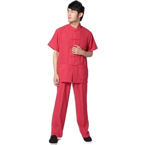 New Red Chinese Traditional Mens Cotton Linen Kung Fu Suit Short Sleeve Wu Shu Sets Shirt&Pant Uniform S M L XL XXL XXXL 011317