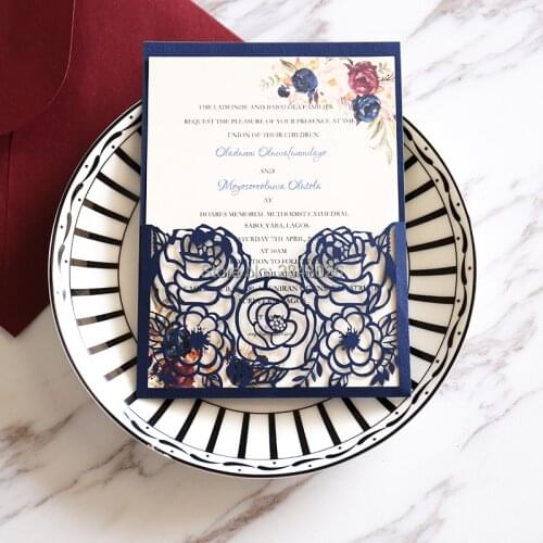 Personalized marsala floral Wedding Invitation,laser cut custom invitations, Elegant Wedding,navy invitation