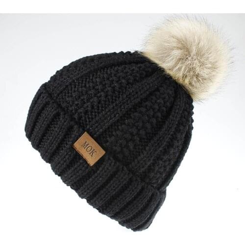 Thick Cable Knit Faux Fuzzy Fur Pom Fleece Lined Skull Cap Cuff Beanie for Women Winter Knitted Beanie Hat