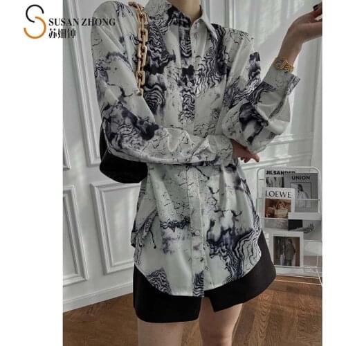 Women Shirts Female Blouse Ladies Tops 2021 Spring New Elegant Romantic Loose Mid-Long Turn-Down Collar Button Cuff Art Painting