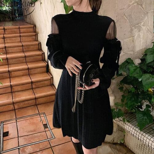 Sexy Off Shoulder Mesh Spliced Knitted Dresses Women Long Sleeve Bow Dress Turtleneck 2021 Spring Fashion Vestidos Dress 11735