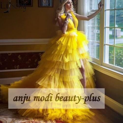 Pretty Yellow Tiered High Low Prom Dresses Long Double V Neck Puffy Tulle Formal Evening Party Gowns Robe De Soiree