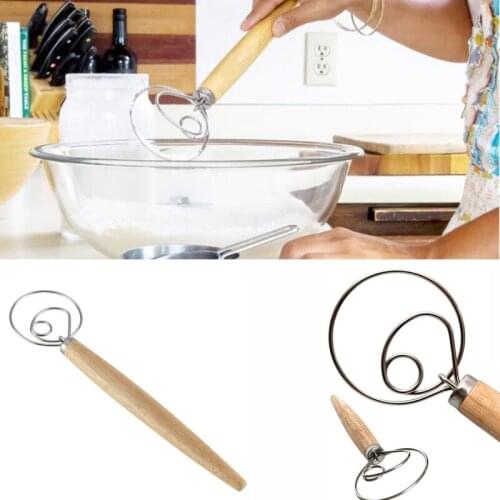 Egg Beater Flour Coil Agitator Danish Whisk Stick Oak Wood Handle Blender DIY Bread Dough Bakeware Stainless Steel Gadget