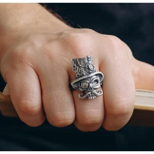 Vintage Punk Mechanical Hat Hip Hop Skull Old Man Metal Rings Gothic Style Mens Rock Biker Jewelry