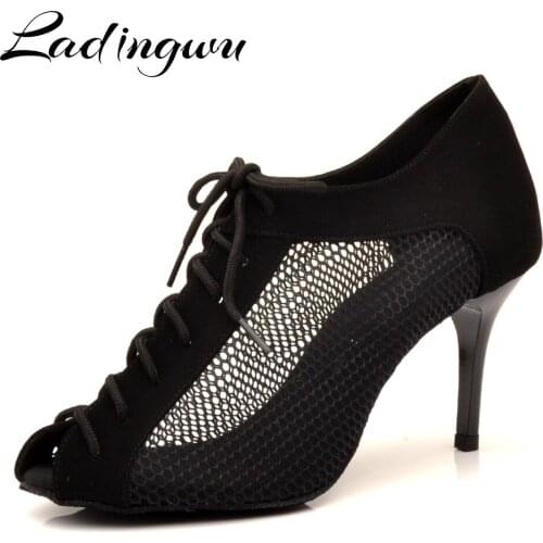 Ladingwu Latin Dance Shoes Suede Plus Breathable Mesh Indoor Sport Dance Shoes Women Salsa Dance Shoes 8.5 cm metal heel