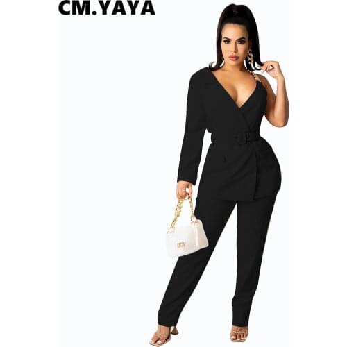 CM.YAYA Women Set Solid One Shoulder Full Sleeve Sashes Asymmetrical Tops Straight Pants Two Piece Sets Sexy Fashion Outfit Fall