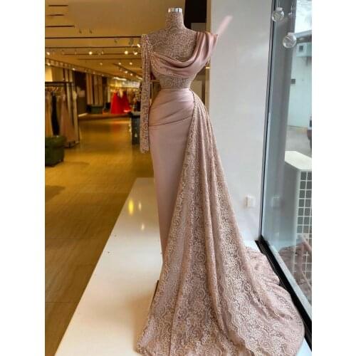 2021One Long Sleeve Sheer Lace Formal Evening Party Gown for Women Plus Size Elegent Pink Meimaid Evening Dresses Gowns Long