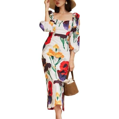 Summer Long Dress Women Puff Sleeve Square Collar Vintage Print Floral Dresses Elegant Ladies High Waist Slim Boho Dress Clothes