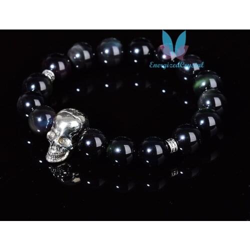 12mm Natural Obsidian Bracelet Chakra Skull Fashion Crystal Bead Silver Decor