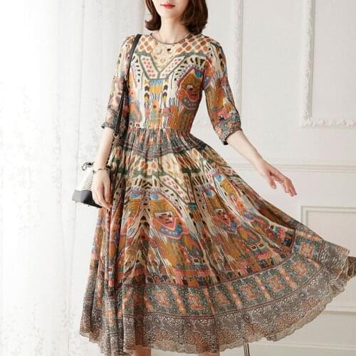 2021 Designer Fashion Summer Spring Silk Dress Women High Quality Vintage Printed Classic Dresses